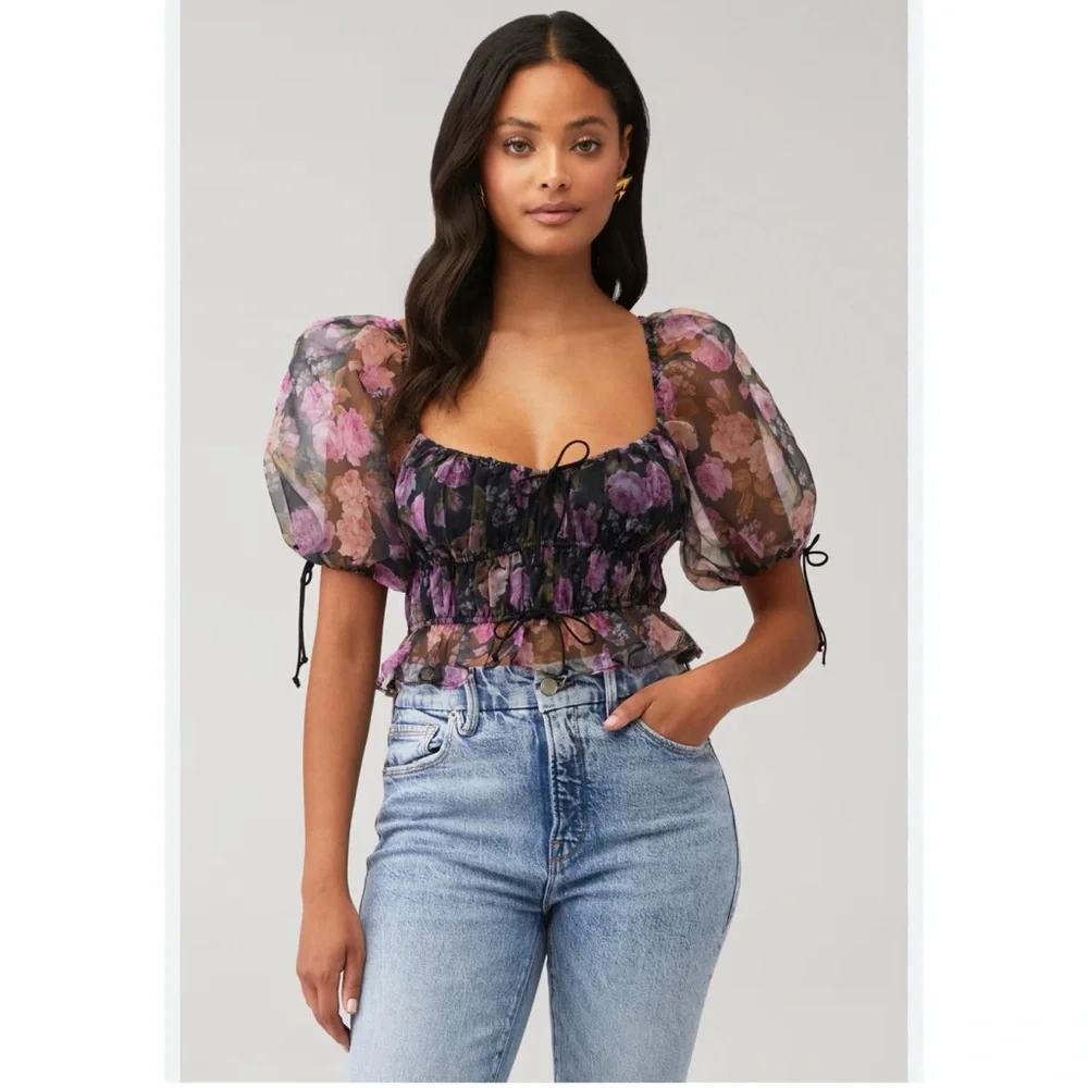 For Love & Lemons Puff Sleeve Floral Top - Black & Pink‎ XS $169